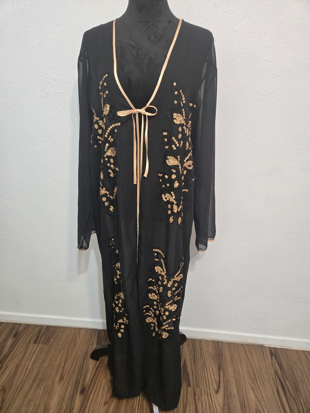 Black Sheer Embellished Long Duster with Gold Sequin Detail